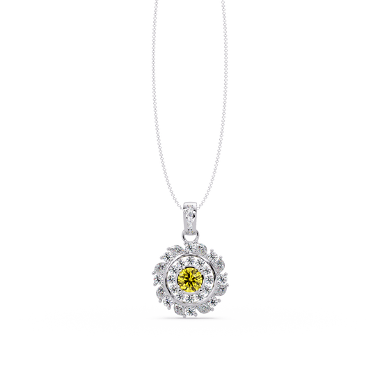 1.4 CTW Round Floral Double-Halo Colorstone Pendant Necklace — Citrine Lemon Yellow — 14K White Gold