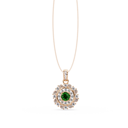 1.4 CTW Round Floral Double-Halo Colorstone Pendant Necklace — Emerald Deep Green — 14K Rose Gold
