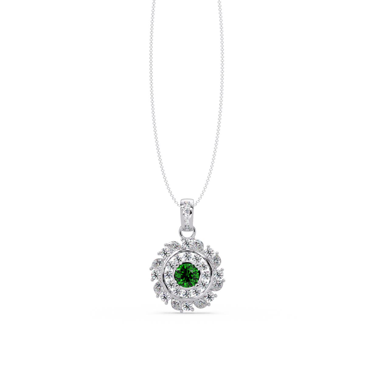 1.4 CTW Round Floral Double-Halo Colorstone Pendant Necklace — Emerald Deep Green — 14K White Gold
