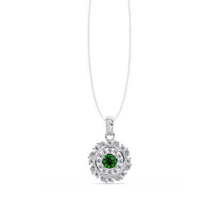 1.4 CTW Round Floral Double-Halo Colorstone Pendant Necklace — Emerald Deep Green — 14K White Gold