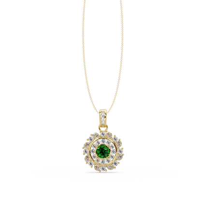 1.4 CTW Round Floral Double-Halo Colorstone Pendant Necklace — Emerald Deep Green — 14K Yellow Gold