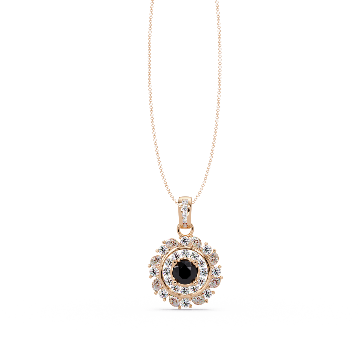 1.4 CTW Round Floral Double-Halo Colorstone Pendant Necklace — Onyx Black — 14K Rose Gold