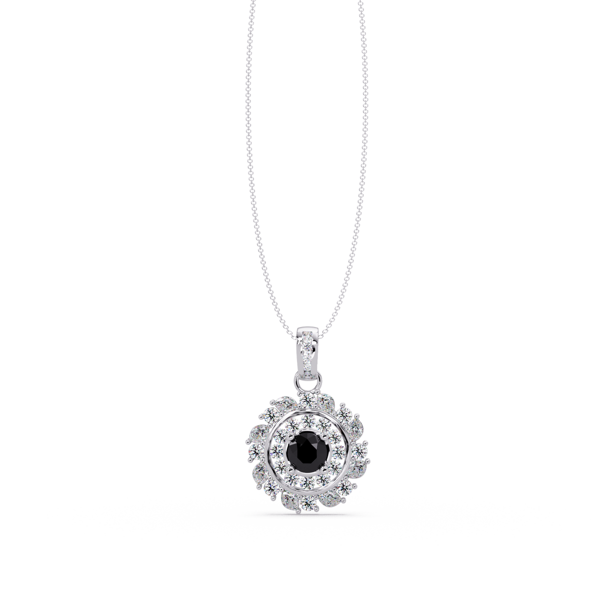 1.4 CTW Round Floral Double-Halo Colorstone Pendant Necklace — Onyx Black — 14K White Gold