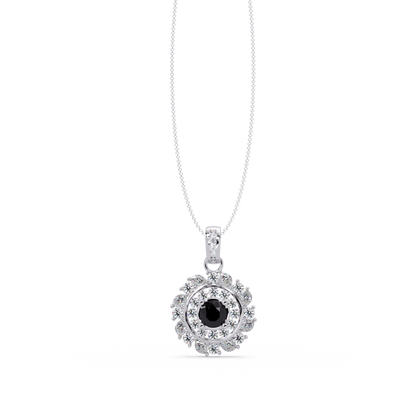 1.4 CTW Round Floral Double-Halo Colorstone Pendant Necklace — Onyx Black — 14K White Gold