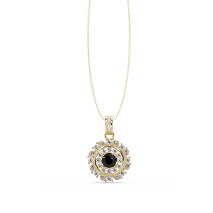 1.4 CTW Round Floral Double-Halo Colorstone Pendant Necklace — Onyx Black — 14K Yellow Gold