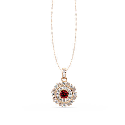 1.4 CTW Round Floral Double-Halo Colorstone Pendant Necklace — Ruby Deep Red — 14K Rose Gold