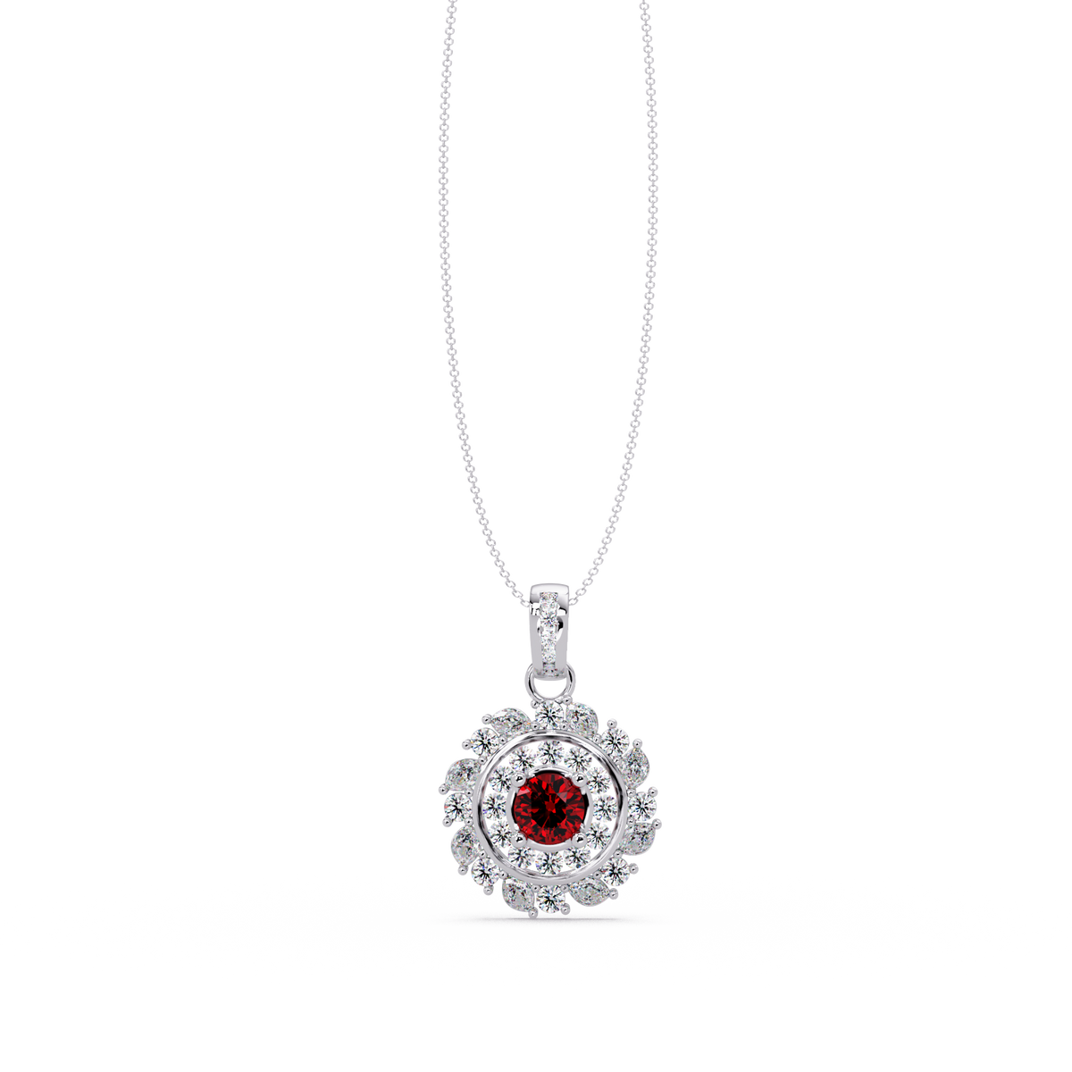1.4 CTW Round Floral Double-Halo Colorstone Pendant Necklace — Ruby Deep Red — 14K White Gold