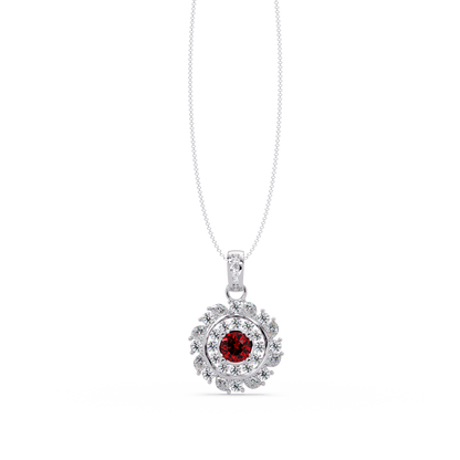 1.4 CTW Round Floral Double-Halo Colorstone Pendant Necklace — Ruby Deep Red — 14K White Gold