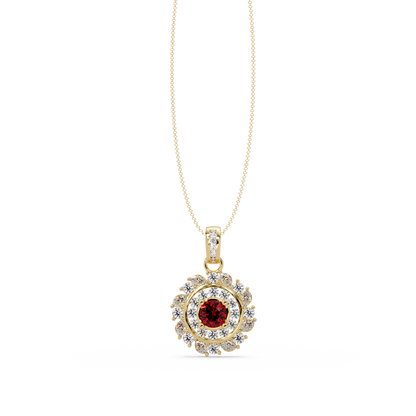 1.4 CTW Round Floral Double-Halo Colorstone Pendant Necklace — Ruby Deep Red — 14K Yellow Gold