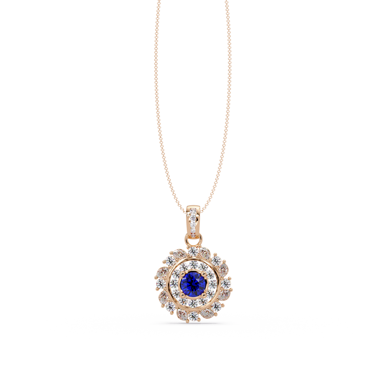1.4 CTW Round Floral Double-Halo Colorstone Pendant Necklace — Sapphire Royal Blue — 14K Rose Gold