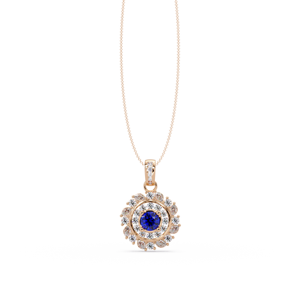 1.4 CTW Round Floral Double-Halo Colorstone Pendant Necklace — Sapphire Royal Blue — 14K Rose Gold