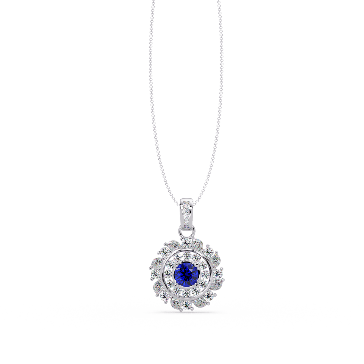 1.4 CTW Round Floral Double-Halo Colorstone Pendant Necklace — Sapphire Royal Blue — 14K White Gold
