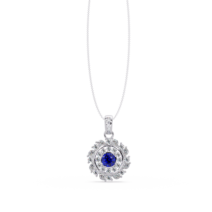 1.4 CTW Round Floral Double-Halo Colorstone Pendant Necklace — Sapphire Royal Blue — 14K White Gold