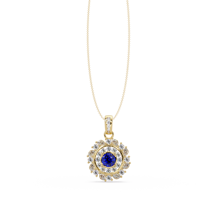 1.4 CTW Round Floral Double-Halo Colorstone Pendant Necklace — Sapphire Royal Blue — 14K Yellow Gold