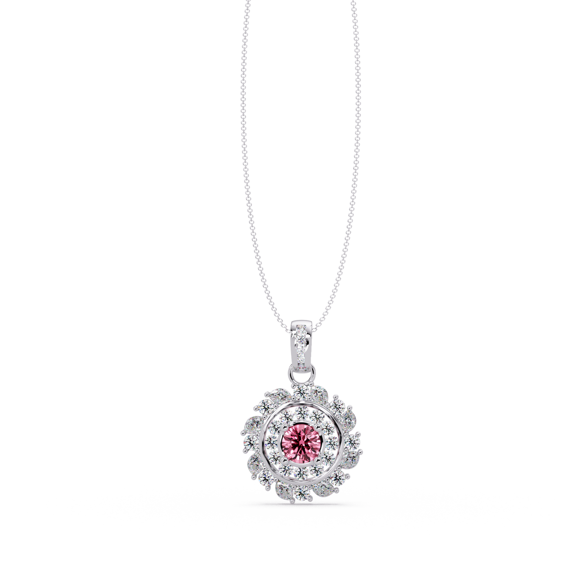 1.4 CTW Round Floral Double-Halo Colorstone Pendant Necklace — Tourmaline Rose Pink — 14K White Gold