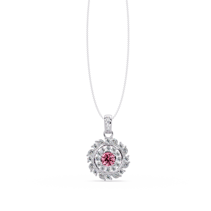 1.4 CTW Round Floral Double-Halo Colorstone Pendant Necklace — Tourmaline Rose Pink — 14K White Gold