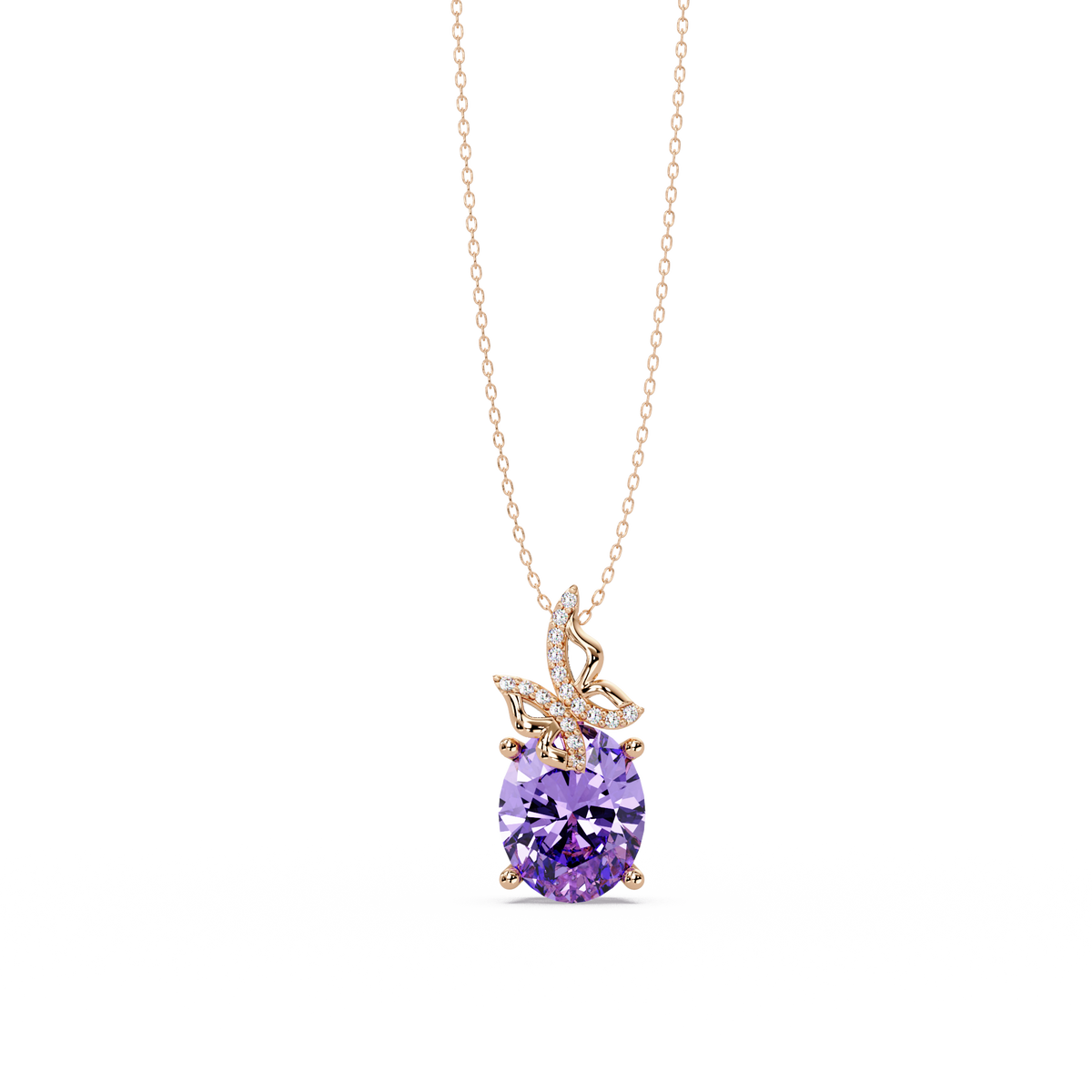 4.0 CTW Oval Butterfly Colorstone Pendant Necklace — Amethyst Lavender — 14K Rose Gold