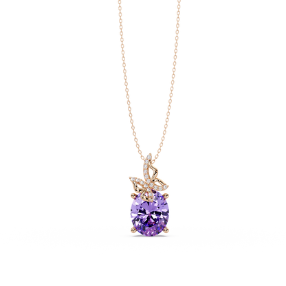4.0 CTW Oval Butterfly Colorstone Pendant Necklace — Amethyst Lavender — 14K Rose Gold