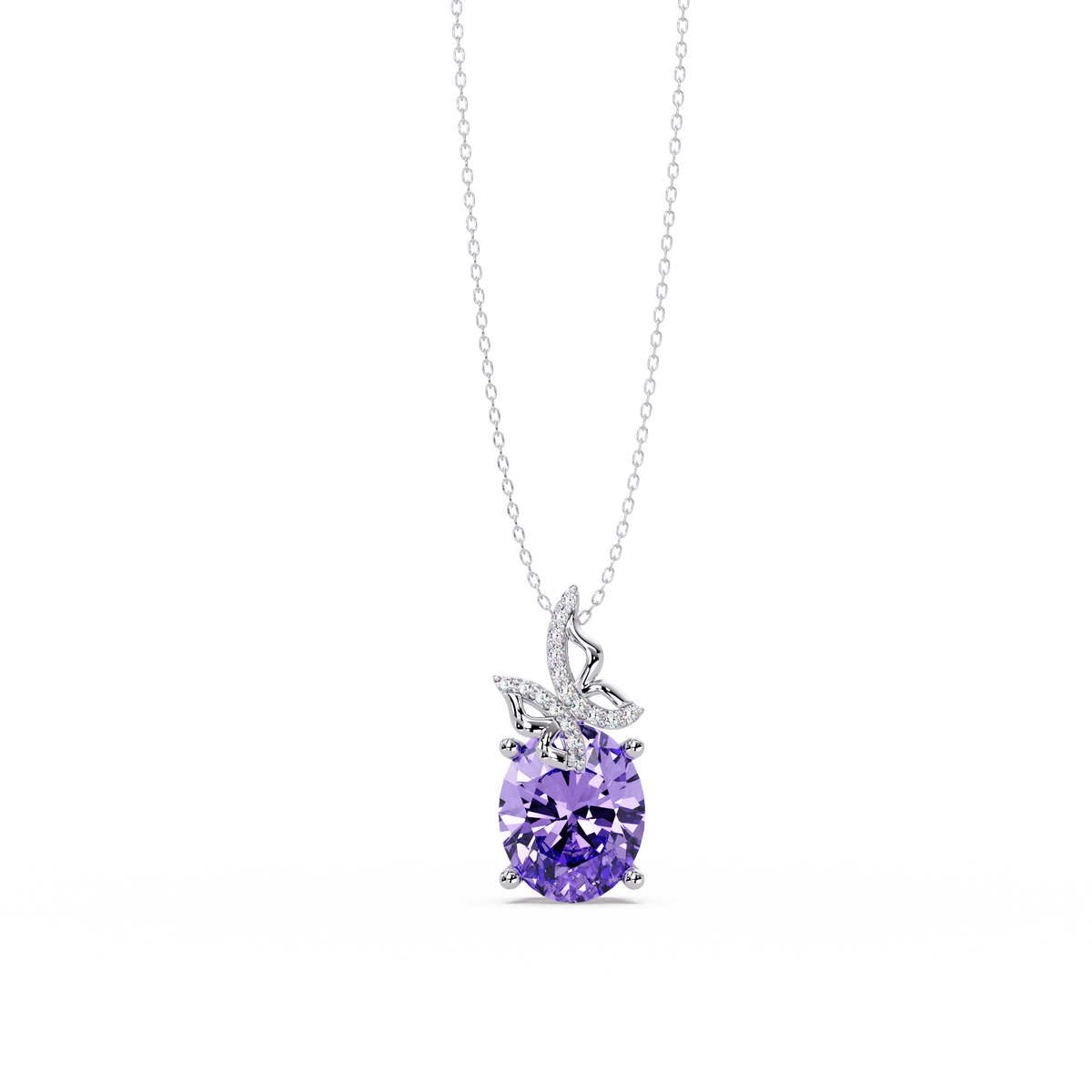 4.0 CTW Oval Butterfly Colorstone Pendant Necklace — Amethyst Lavender — 14K White Gold