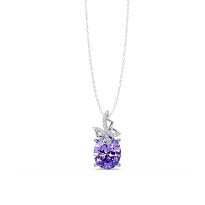 4.0 CTW Oval Butterfly Colorstone Pendant Necklace — Amethyst Lavender — 14K White Gold