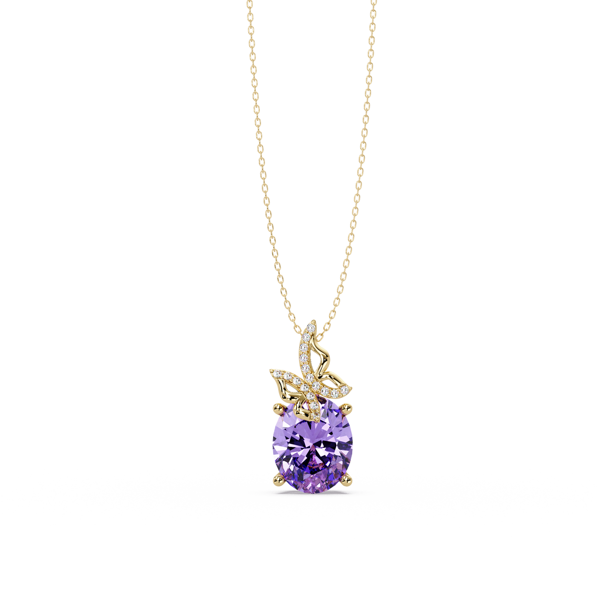 4.0 CTW Oval Butterfly Colorstone Pendant Necklace — Amethyst Lavender — 14K Yellow Gold