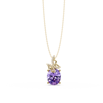 4.0 CTW Oval Butterfly Colorstone Pendant Necklace — Amethyst Lavender — 14K Yellow Gold