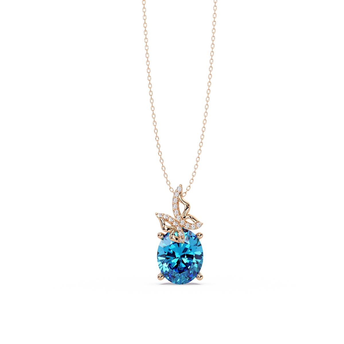 4.0 CTW Oval Butterfly Colorstone Pendant Necklace — Aquamarine Sky Blue — 14K Rose Gold