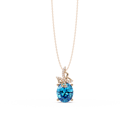 4.0 CTW Oval Butterfly Colorstone Pendant Necklace — Aquamarine Sky Blue — 14K Rose Gold