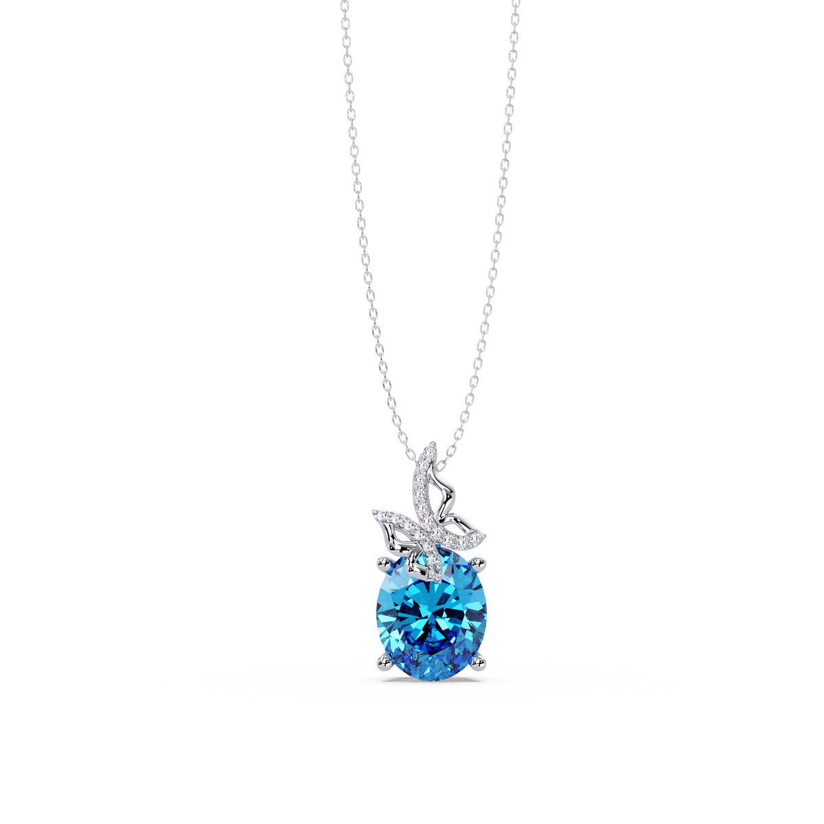4.0 CTW Oval Butterfly Colorstone Pendant Necklace — Aquamarine Sky Blue — 14K White Gold