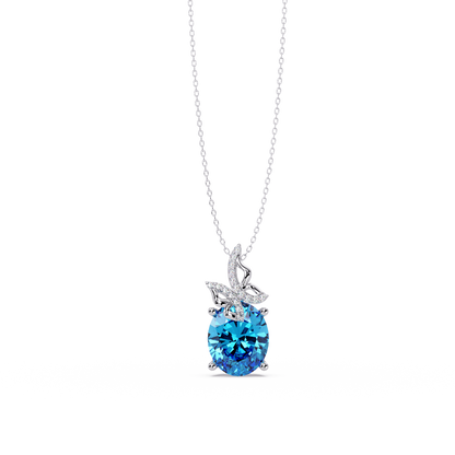 4.0 CTW Oval Butterfly Colorstone Pendant Necklace — Aquamarine Sky Blue — 14K White Gold