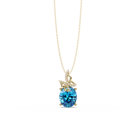 4.0 CTW Oval Butterfly Colorstone Pendant Necklace — Aquamarine Sky Blue — 14K Yellow Gold