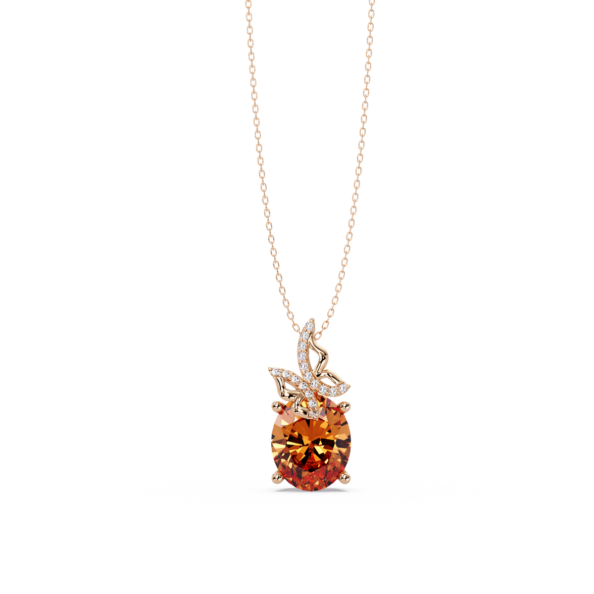 4.0 CTW Oval Butterfly Colorstone Pendant Necklace — Champagne Topaz Amber — 14K Rose Gold