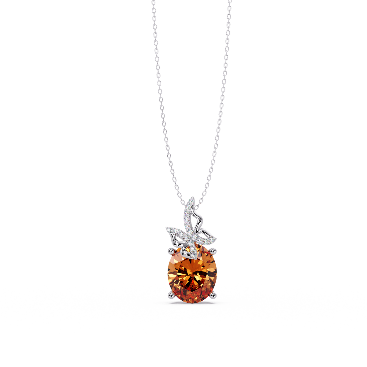 4.0 CTW Oval Butterfly Colorstone Pendant Necklace — Champagne Topaz Amber — 14K White Gold