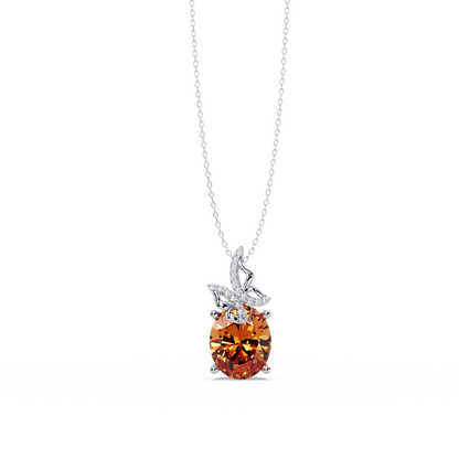 4.0 CTW Oval Butterfly Colorstone Pendant Necklace — Champagne Topaz Amber — 14K White Gold