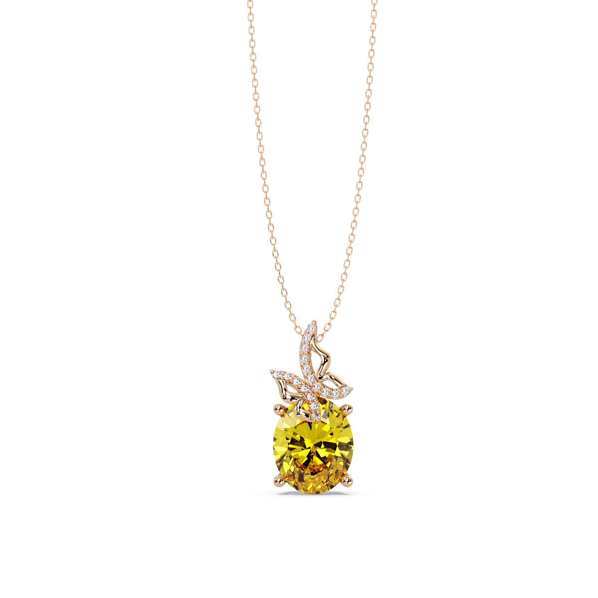 4.0 CTW Oval Butterfly Colorstone Pendant Necklace — Citrine Lemon Yellow — 14K Rose Gold