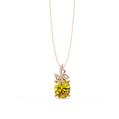 4.0 CTW Oval Butterfly Colorstone Pendant Necklace — Citrine Lemon Yellow — 14K Rose Gold