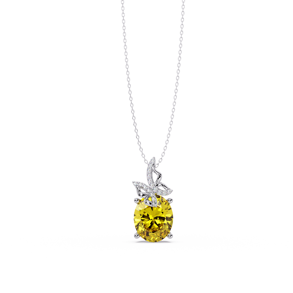 4.0 CTW Oval Butterfly Colorstone Pendant Necklace — Citrine Lemon Yellow — 14K White Gold