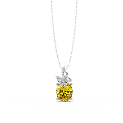 4.0 CTW Oval Butterfly Colorstone Pendant Necklace — Citrine Lemon Yellow — 14K White Gold