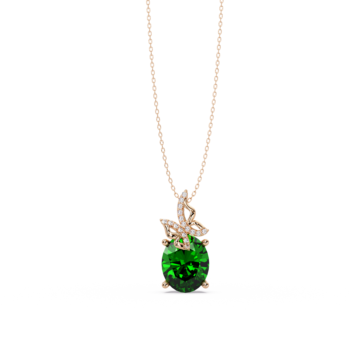 4.0 CTW Oval Butterfly Colorstone Pendant Necklace — Emerald Deep Green — 14K Rose Gold