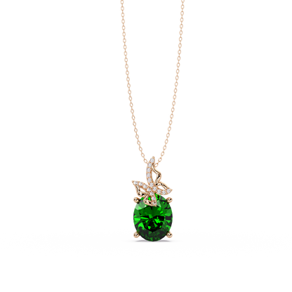 4.0 CTW Oval Butterfly Colorstone Pendant Necklace — Emerald Deep Green — 14K Rose Gold
