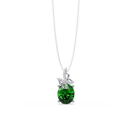 4.0 CTW Oval Butterfly Colorstone Pendant Necklace — Emerald Deep Green — 14K White Gold
