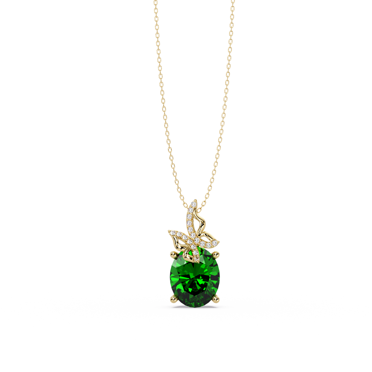 4.0 CTW Oval Butterfly Colorstone Pendant Necklace — Emerald Deep Green — 14K Yellow Gold