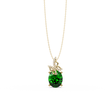4.0 CTW Oval Butterfly Colorstone Pendant Necklace — Emerald Deep Green — 14K Yellow Gold