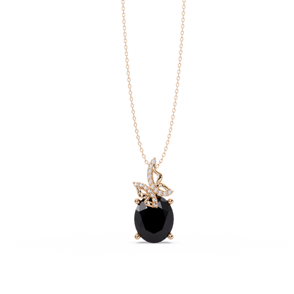 4.0 CTW Oval Butterfly Colorstone Pendant Necklace — Onyx Black — 14K Rose Gold