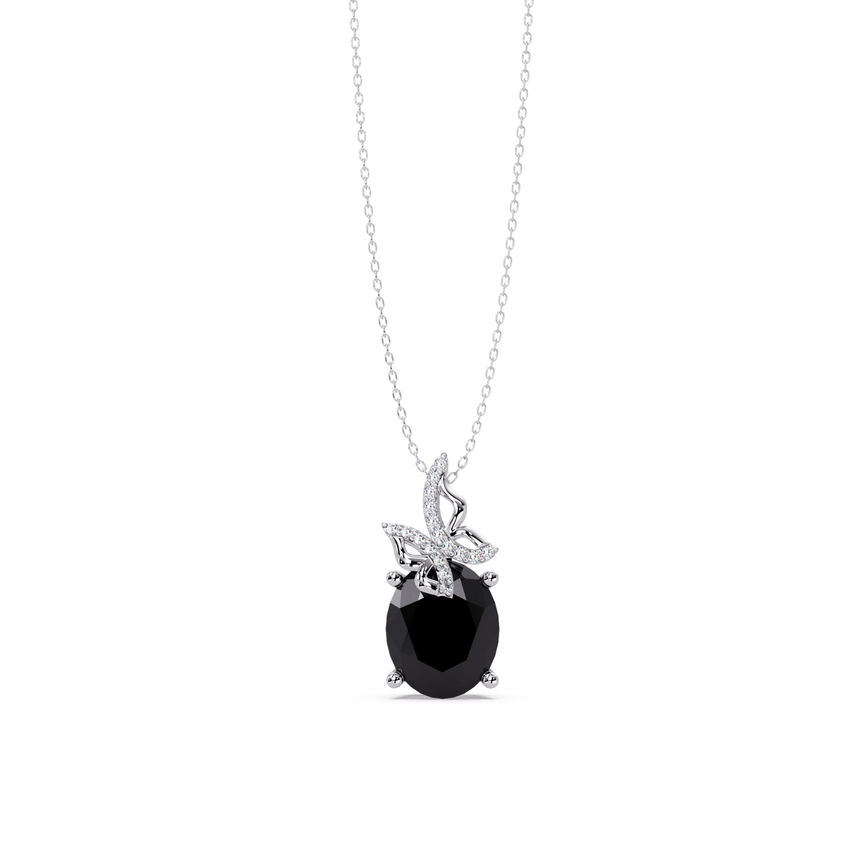 4.0 CTW Oval Butterfly Colorstone Pendant Necklace — Onyx Black — 14K White Gold
