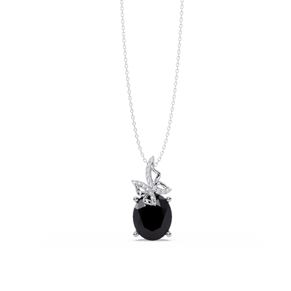4.0 CTW Oval Butterfly Colorstone Pendant Necklace — Onyx Black — 14K White Gold