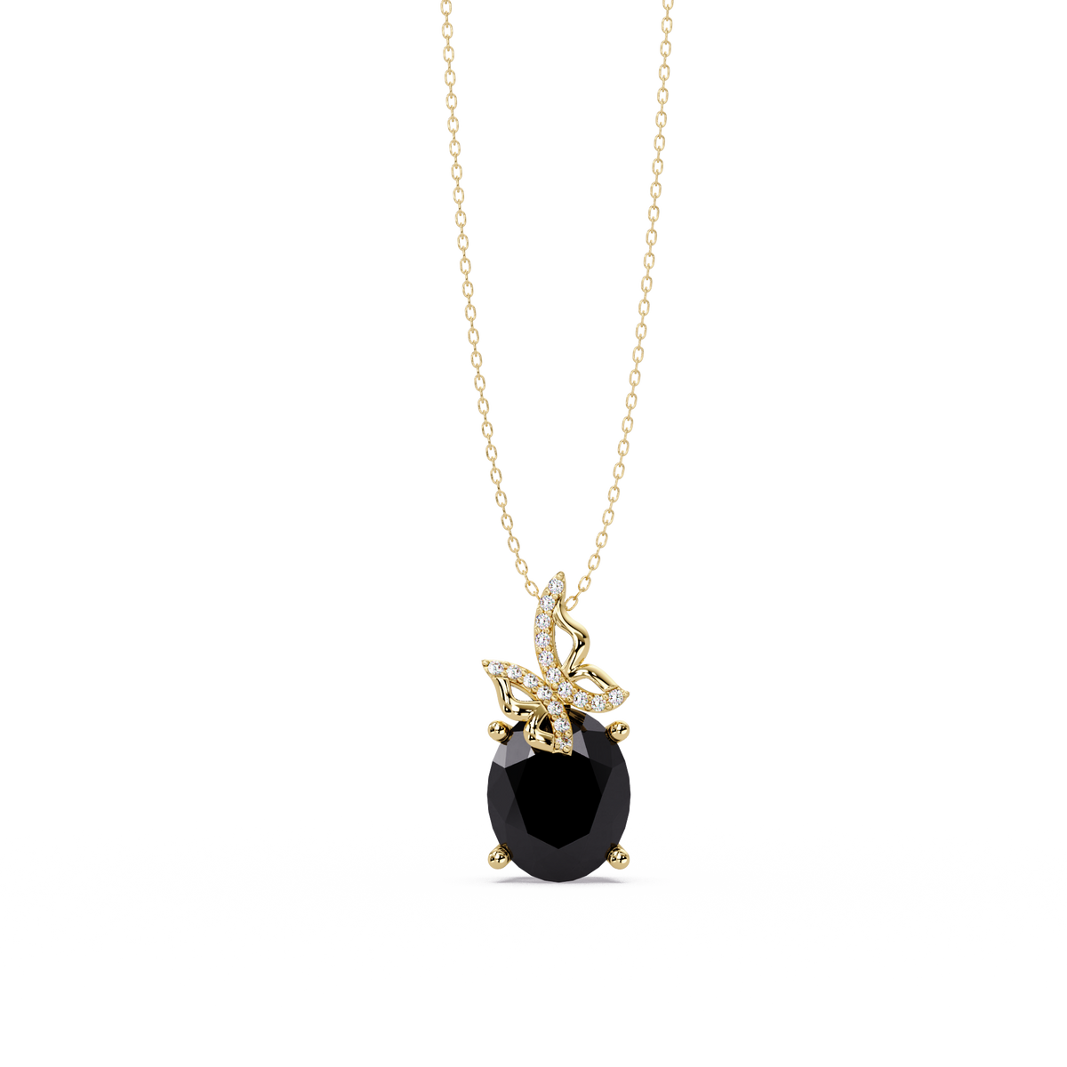 4.0 CTW Oval Butterfly Colorstone Pendant Necklace — Onyx Black — 14K Yellow Gold