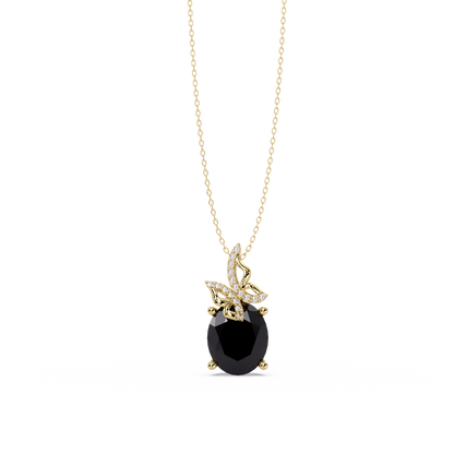 4.0 CTW Oval Butterfly Colorstone Pendant Necklace — Onyx Black — 14K Yellow Gold