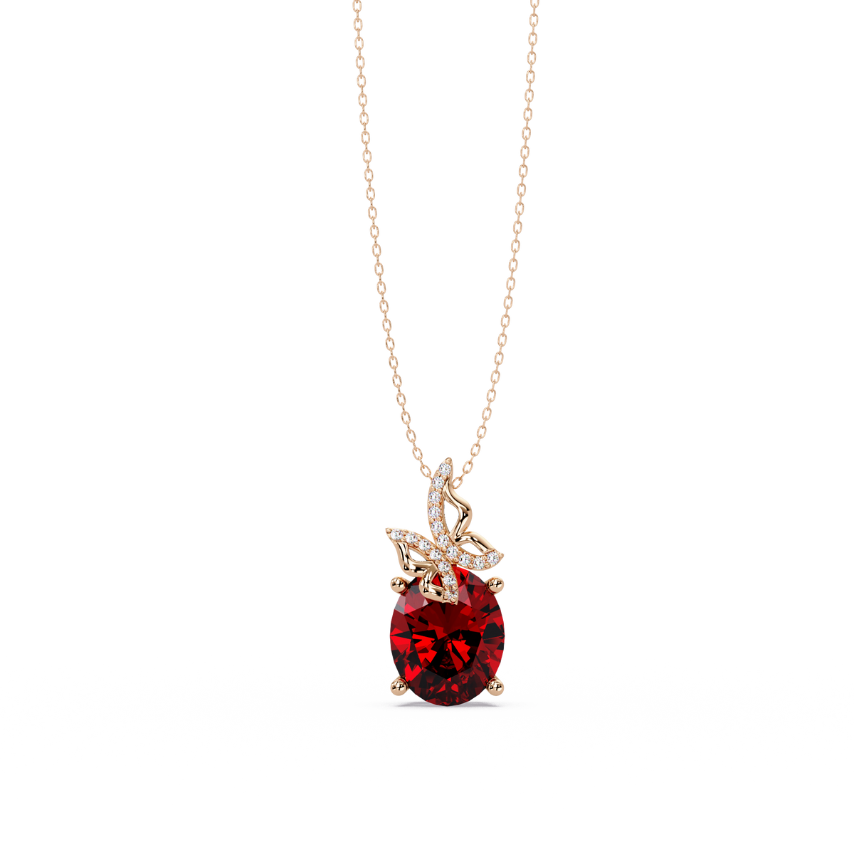 4.0 CTW Oval Butterfly Colorstone Pendant Necklace — Ruby Deep Red — 14K Rose Gold