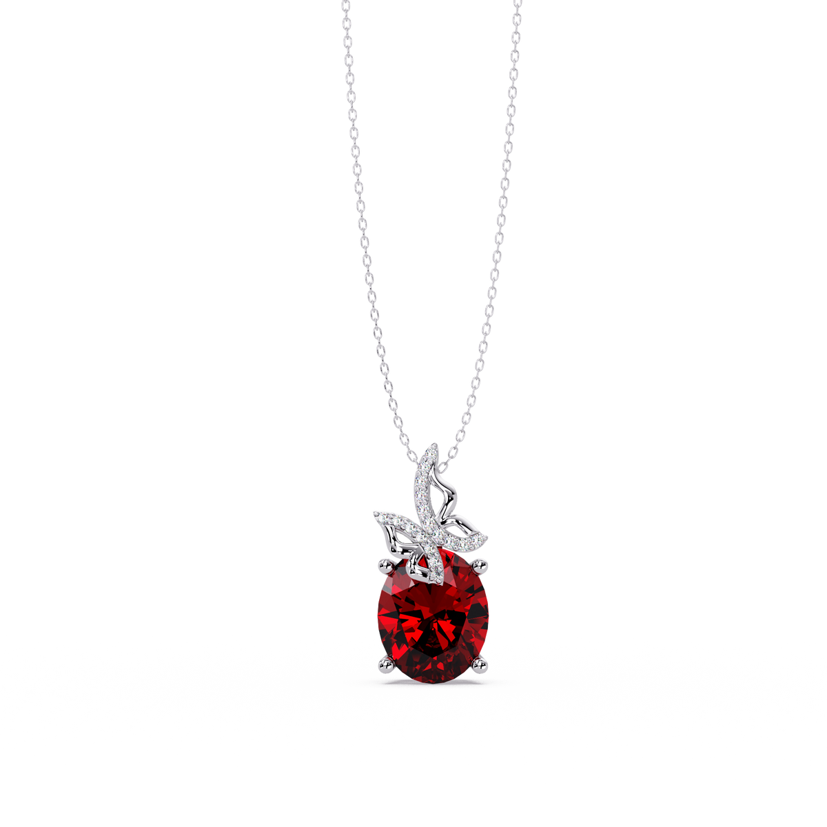 4.0 CTW Oval Butterfly Colorstone Pendant Necklace — Ruby Deep Red — 14K White Gold